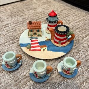 Vintage Miniature Lighthouse Ocean Themed Tea Set